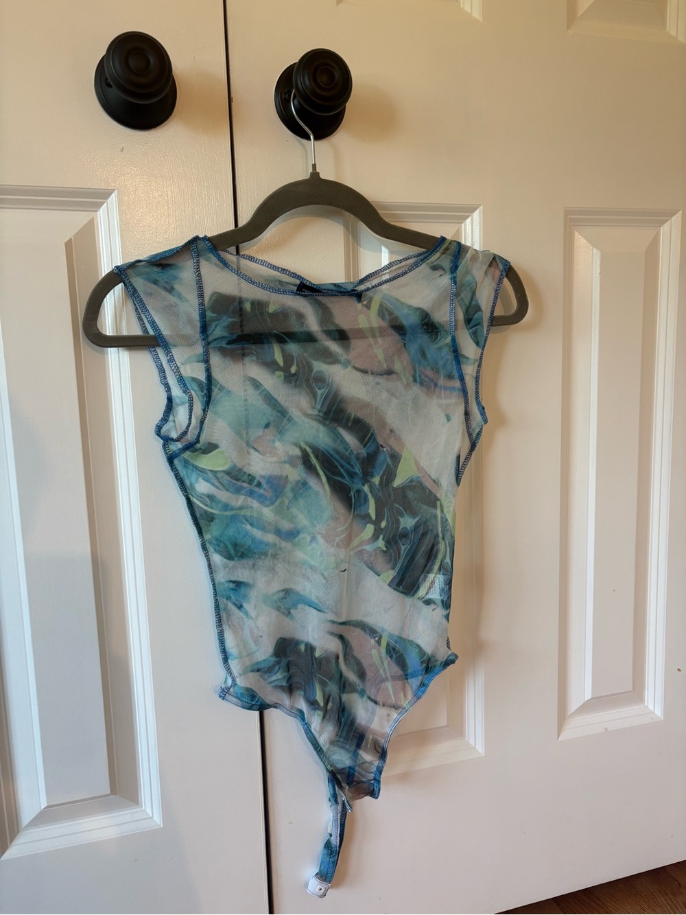 PrettyLittleThing Blue and Green Floral Mesh Bodysuit.